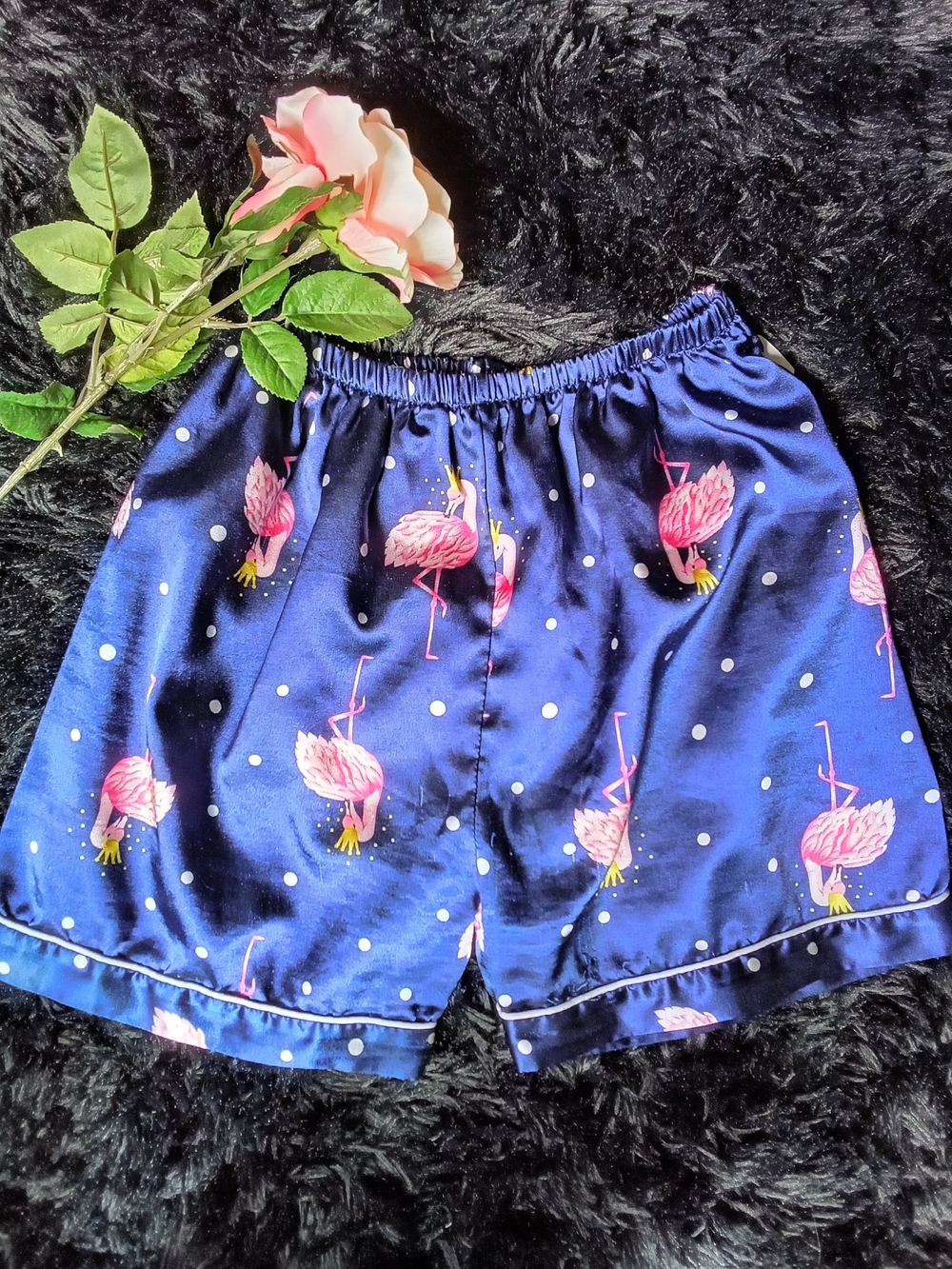 Navy Satin Flamingo Polka Dot Sleep Shorts